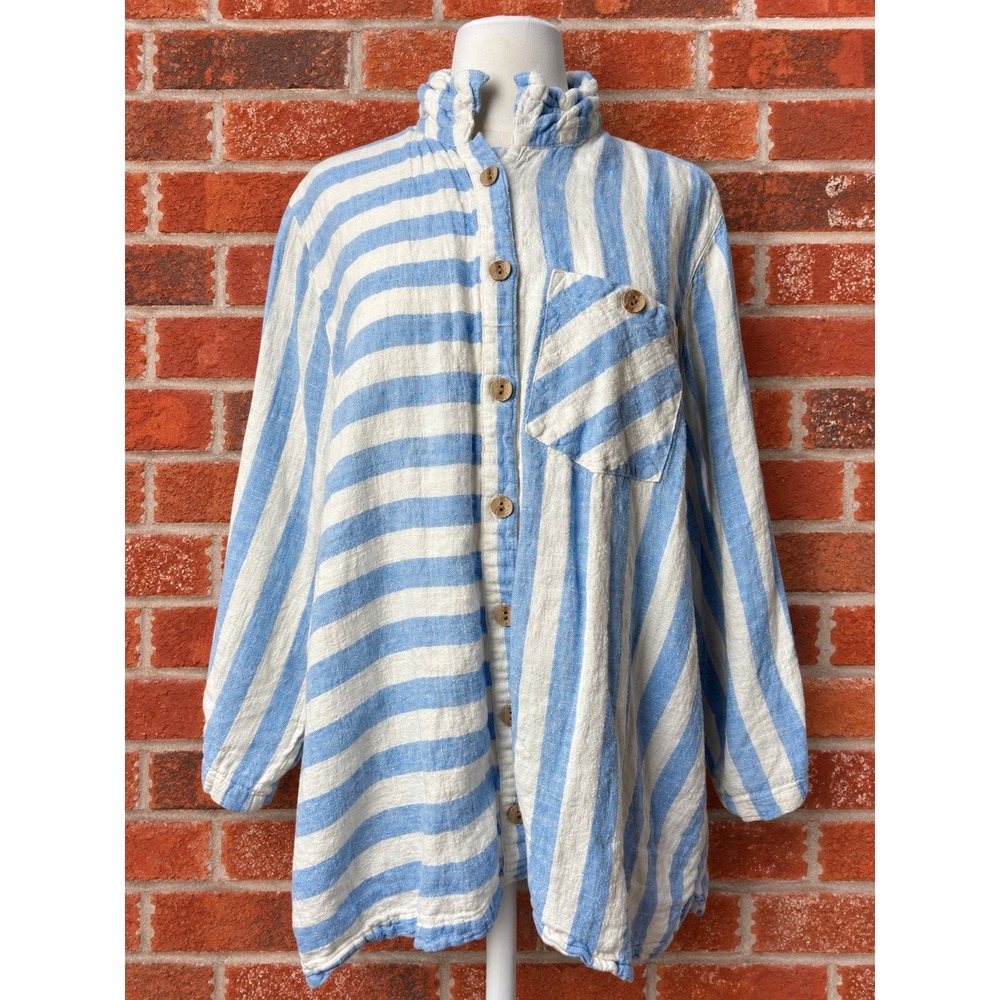 Ali Miles Blue White Striped Linen Shirt 1X Costal Nautical Beach Resortwear